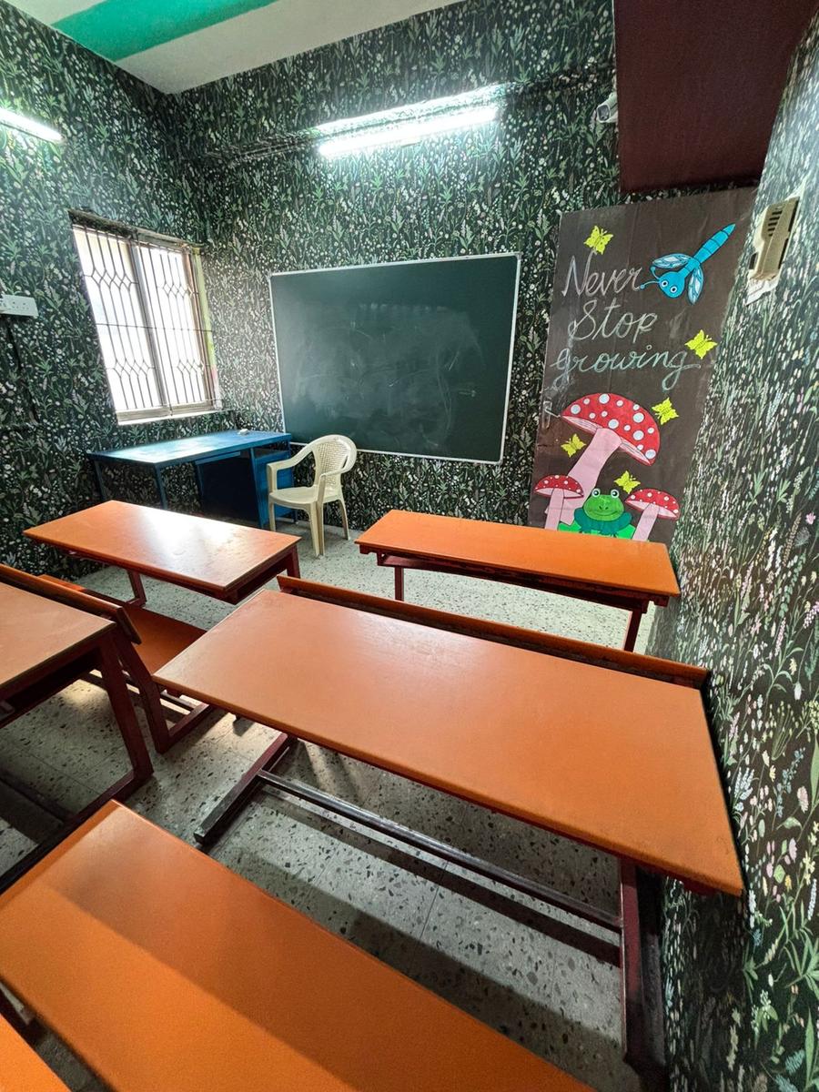 Bright classroom with desks